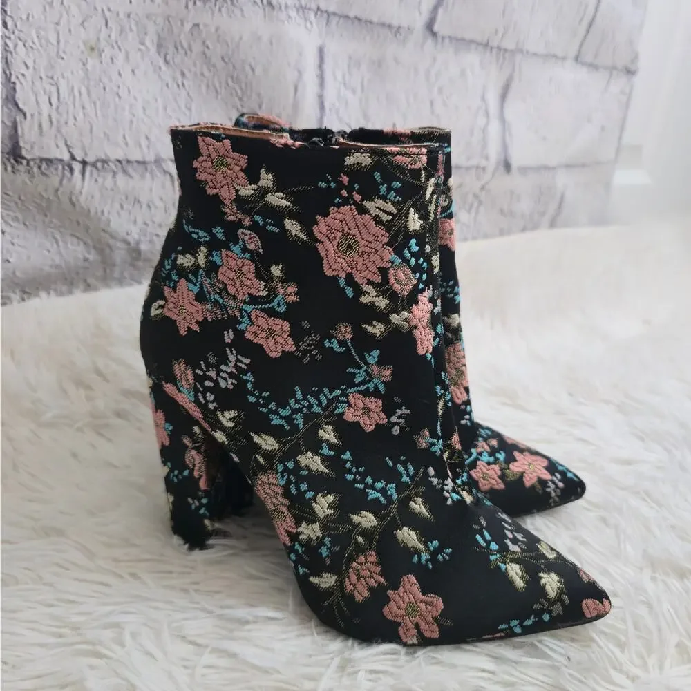 Charlotte Russe Black And Pink Floral Embroidered Dark Romantic Ankle Boots
